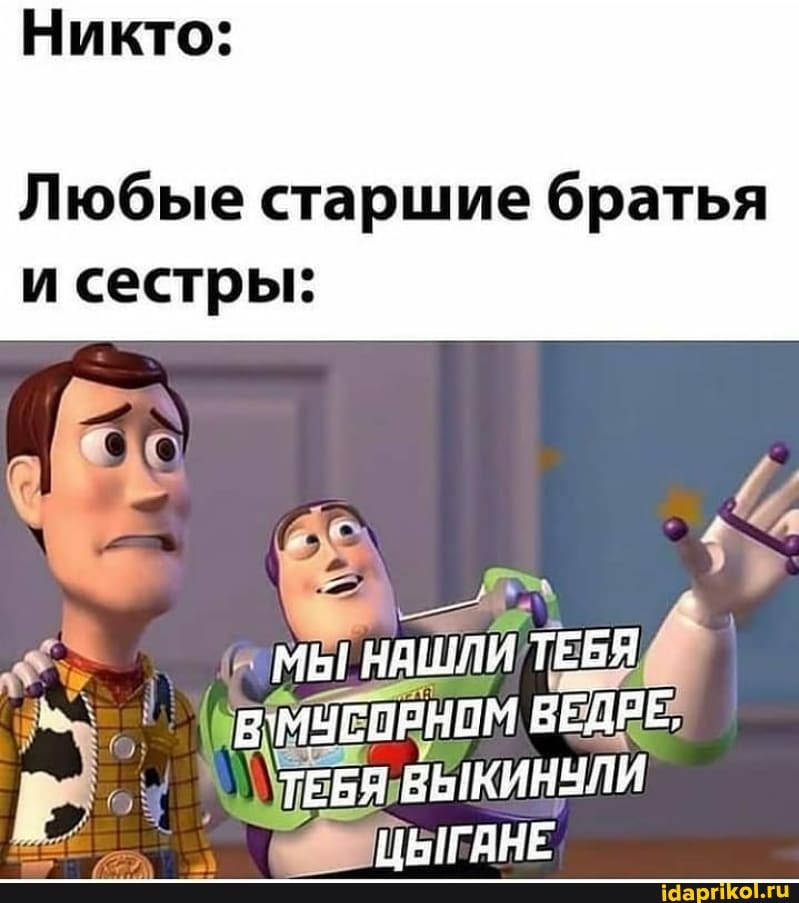 Никто:
Любые старшие братья
сестры:
МЫ! НАШЛИ ТЕБЯ ЕМУСОРНОМ ВЕДРЕ,
ТЕБЯ ВЫКИНУЛИ