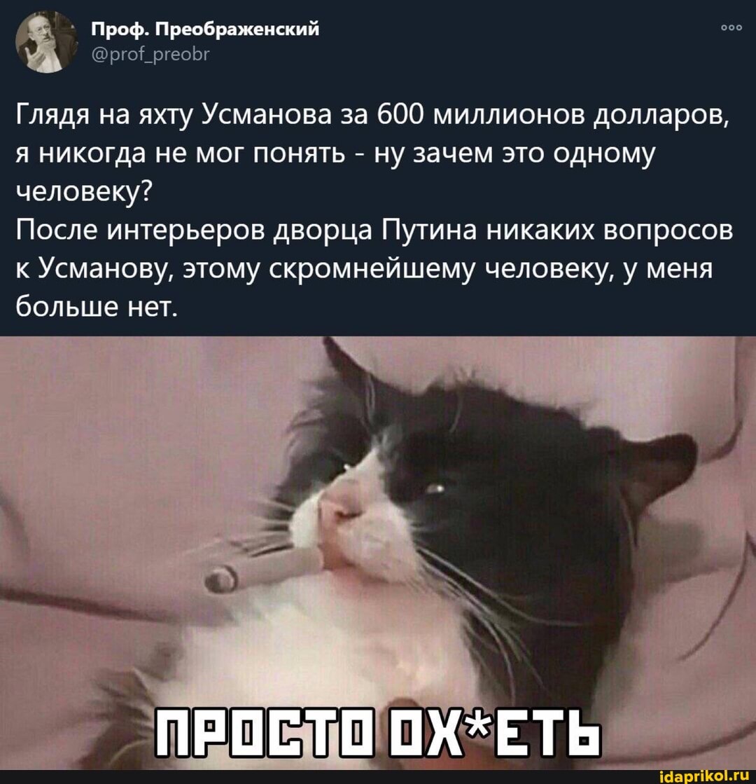 Проф. Преображенский
Глядя на яхту Усманова за 600 миллионов долларов, я никогда не мог понять - ну зачем это одному человеку?
После интерьеров дворца Путина никаких вопросов к Усманову, этому скромнейшему человеку, у меня больше нет.
ПРОСТО