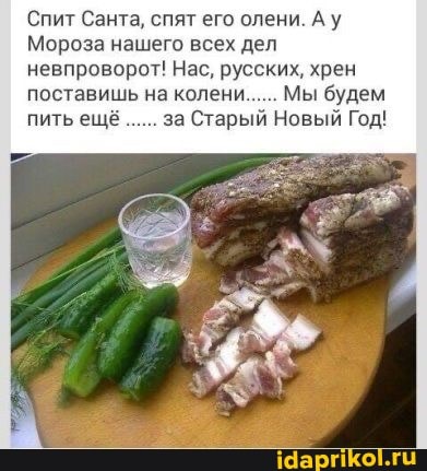 Спит Санта, спят его олени Ау
Мороза нашего всех дел невпроворот! Нас, русских, хрен поставишь на колени Мы будем пить еще за Старый Новый Год!