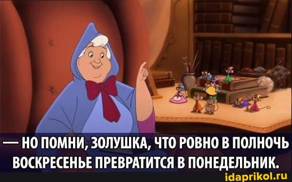 - НО ПОМНИ, ЗОЛУШКА, ЧТО РОВНО В ПОЛНОЧЬ ВОСКРЕСЕНЬЕ ПРЕВРАТИТСЯ В ПОНЕДЕЛЬНИК.