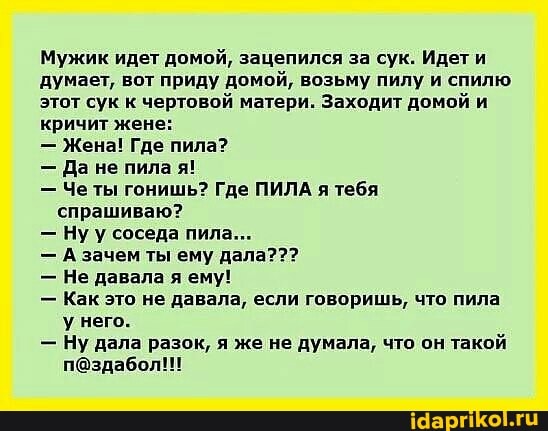 Мужик идет домой, зацепился за сук. Идет
думает, вот приду домой, возьму пилу и спилю
этот сук к чертовой матери. Заходит домой и
кричит жене:
- Жена! Где пила?
- Да не пила я!
- Четы гонишь? Где ПИЛА я тебя спрашиваю?
- Ну у соседа пила...
- А зачем ты ему дала???
- Не давала я ему!
- Как это не давала, если говоришь, что пила у него.
- Ну дала разок, я же не думала, что он такой