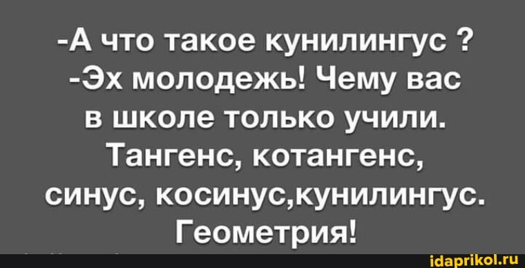 -А что такое кунилингус
-Эх молодежь! Чему вас в школе только учили.
Тангенс, котангенс, синус, косинус, кунилингус.
Геометрия!