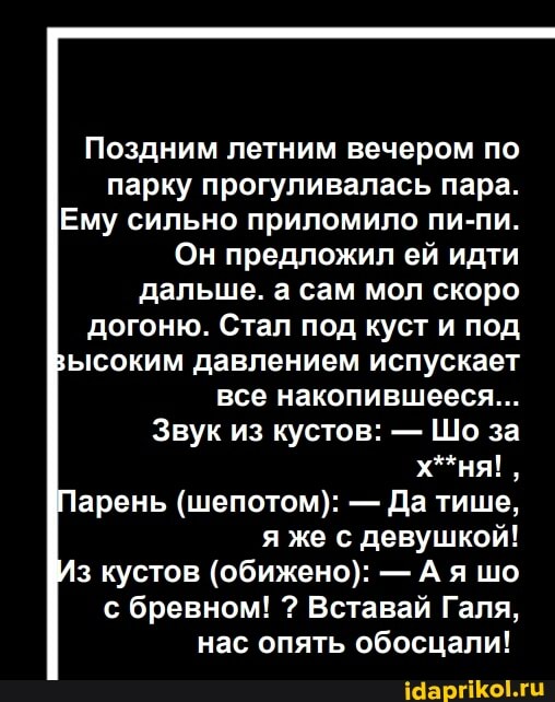Поздним летним вечером по парку прогуливалась пара.
Ему сильно приломило пи-пи.
Он предложил ей идти дальше. а сам мол скоро догоню. Стал под куст и под зысоким давлением испускает
все накопившееся...
Звук из кустов: Шо за
Парень (шепотом): Да тише, я же с девушкой!
кустов (обижено): - Ая шо бревном! ? Вставай Галя, нас опять обосцали!