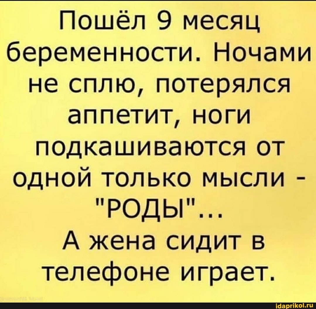 Пошёл 9 месяц беременности. Ночами не сплю, потерялся аппетит, ноги подкашиваются от одной только мысли -
"РОДЫ"...
А жена сидит в телефоне играет.