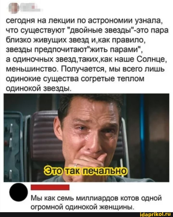 сегодня на лекции по астрономии узнала, что существуют "двойные пара близко живущих звезд как правило, звезды кить парами",
а одиночных звезд, как наше Солнце, меньшинство. Получается, мы всего лишь одинокие существа согретые теплом одинокой звезды.
Мы как семь миллиардов котов одной огромной одинокой женщины.