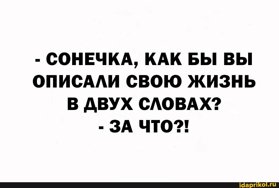 - СОНЕЧКА, КАК БЫ ВЫ ОПИСАЛИ СВОЮ ЖИЗНЬ В ДВУХ СЛОВАХ?
- ЗА ЧТО?!