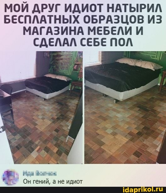 МОИ ДРУГ ИДИОТ НАТЫРИЛ БЕСПЛАТНЫХ ОБРАЗЦОВ ИЗ МАГАЗИНА МЕБЕЛИ И СДЕЛАЛ СЕБЕ ПОЛ
Он гений, а не идиот