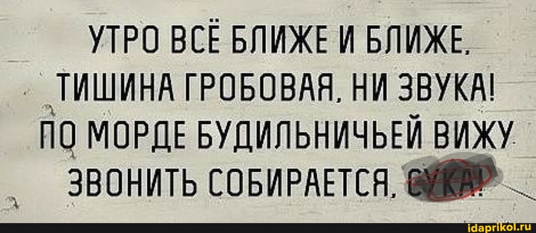 УТРО ВСЕ БЛИЖЕ И БЛИЖЕ,
_ ТИШИНА ГРОБОВАЯ. НИ ЗВУКА!
ПО МОРДЕ БУДИЛЬНИЧЬЕЙ ВИЖУ ЗВОНИТЬ СОБИРАЕТСЯ, _