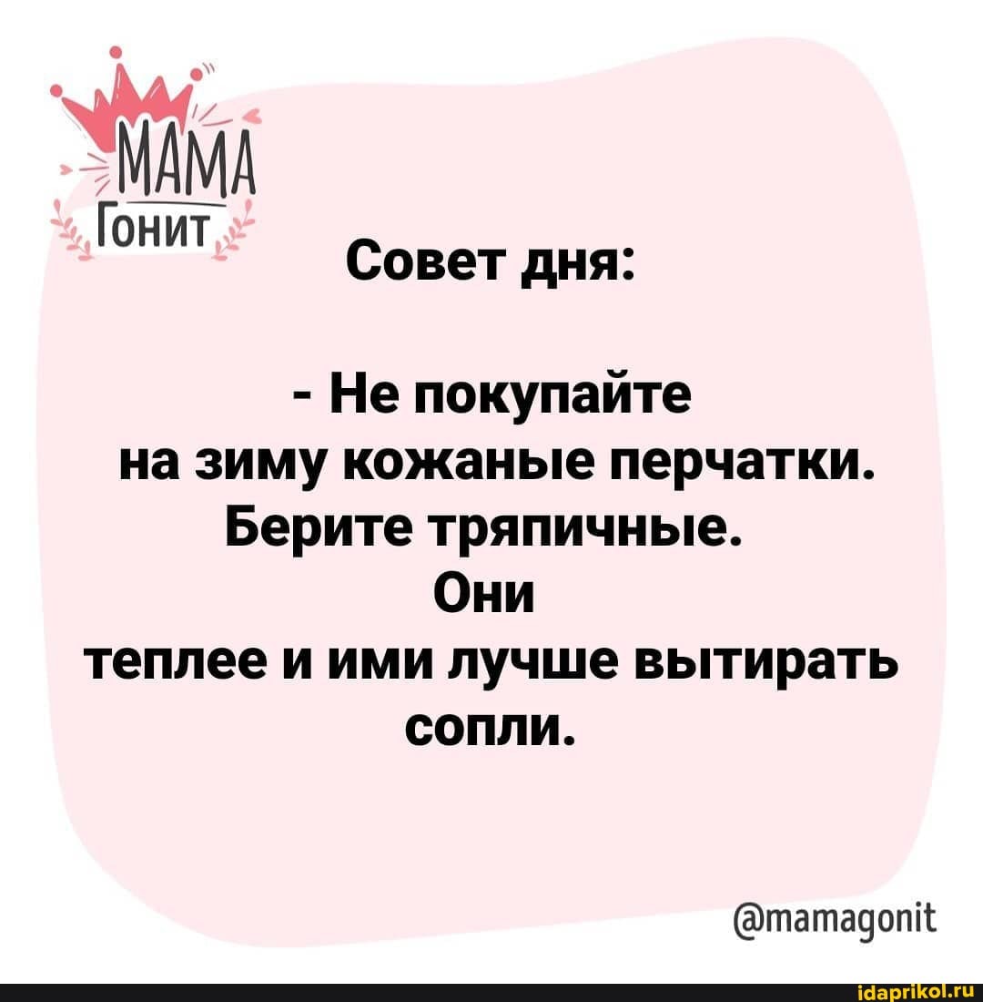 МАМА
Гонит
Совет дня:
- Не покупайте на зиму кожаные перчатки.
Берите тряпичные.
Они теплее и ими лучше вытирать сопли.
@татадопк