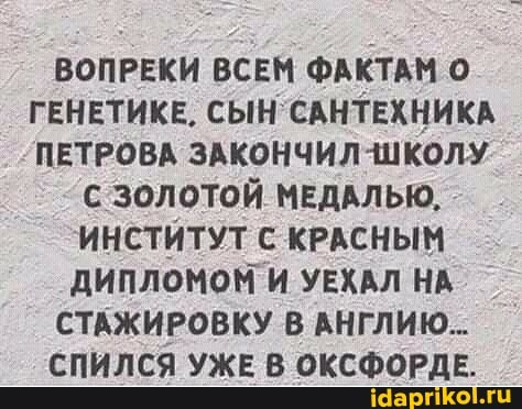 ВОПРЕКИ ВСЕМ ФАКТАМ О ГЕНЕТИКЕ, СЫН САНТЕХНИКА ПЕТРОВА ЗАКОНЧИЛ ШКОЛУ
С ЗОЛОТОЙ МЕДАЛЬЮ.
ИНСТИТУТ С КРАСНЫМ ДИПЛОМОМ И УЕХАЛ НА СТАЖИРОВКУ В АНГЛИЮ.-
СПИЛСЯ УЖЕ В ОКСФОРДЕ.