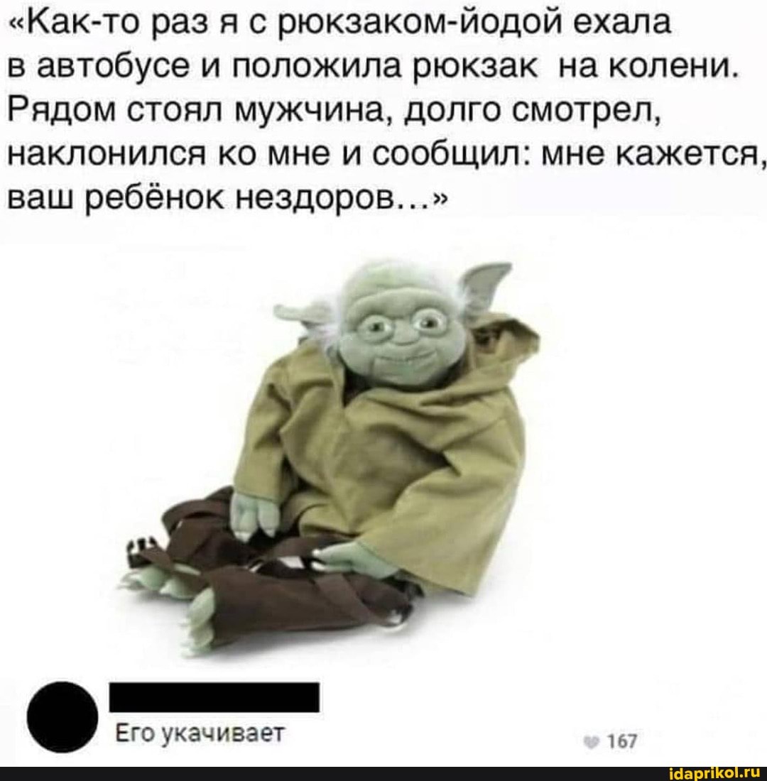 "Как-то раз я с рюкзаком-йодой ехала
в автобусе и положила рюкзак на колени.
Рядом стоял мужчина, долго смотрел, наклонился ко мне и сообщил: мне кажется, ваш ребёнок нездоров..."
Его укачивает 167