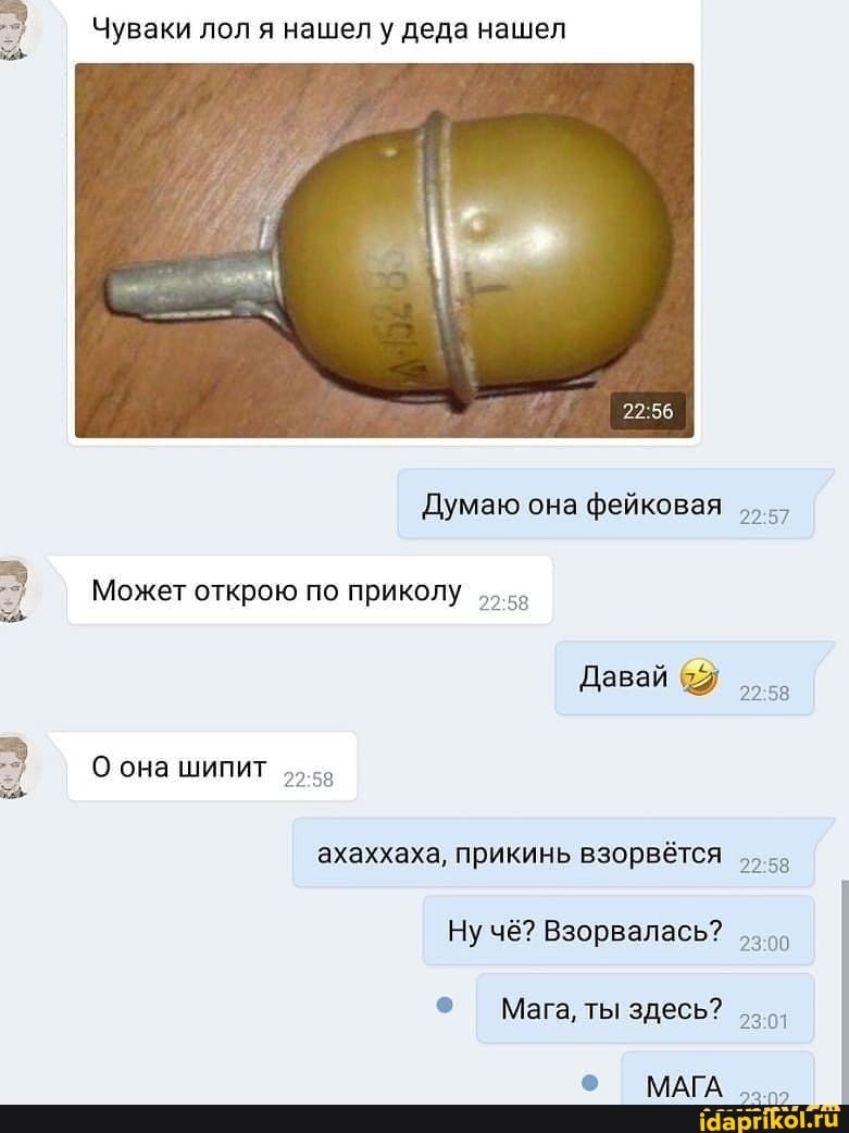 Чуваки лол я нашел у деда нашел
Думаю она фейковая
Может открою по приколу
Давай
О она шипит
ахаххаха, прикинь взорвётся
Ну чё? Взорвалась?
Мага, ты здесь?
МАГА