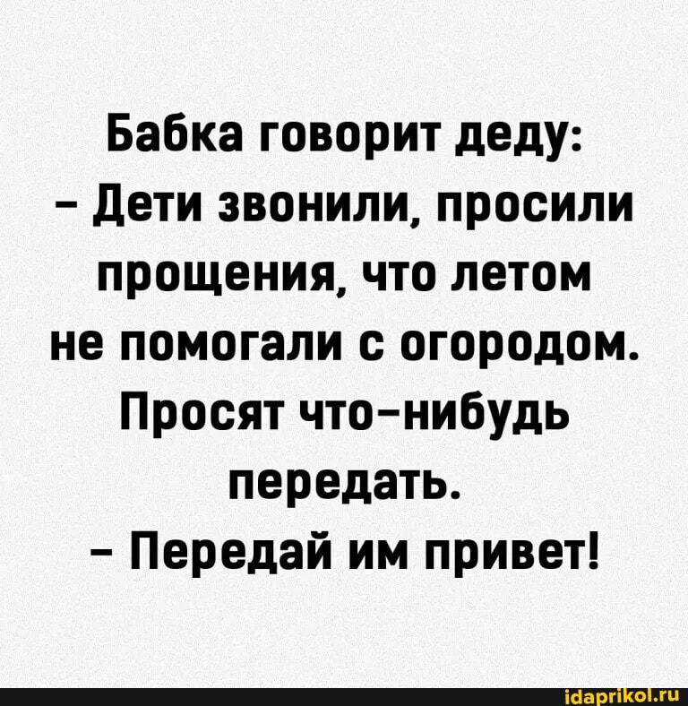 Бабка говорит деду:
Дети звонили, просили прощения, что летом не помогали с огородом.
Просят что-нибудь передать.
- Передай им привет!