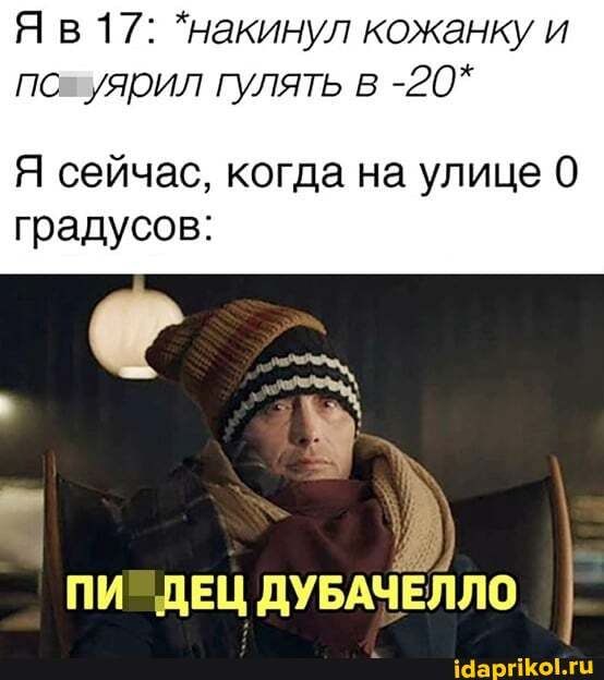 Яв 17: "накинул кожанку и пс уярил гулять в -20*
Я сейчас, когда на улице 0 градусов: