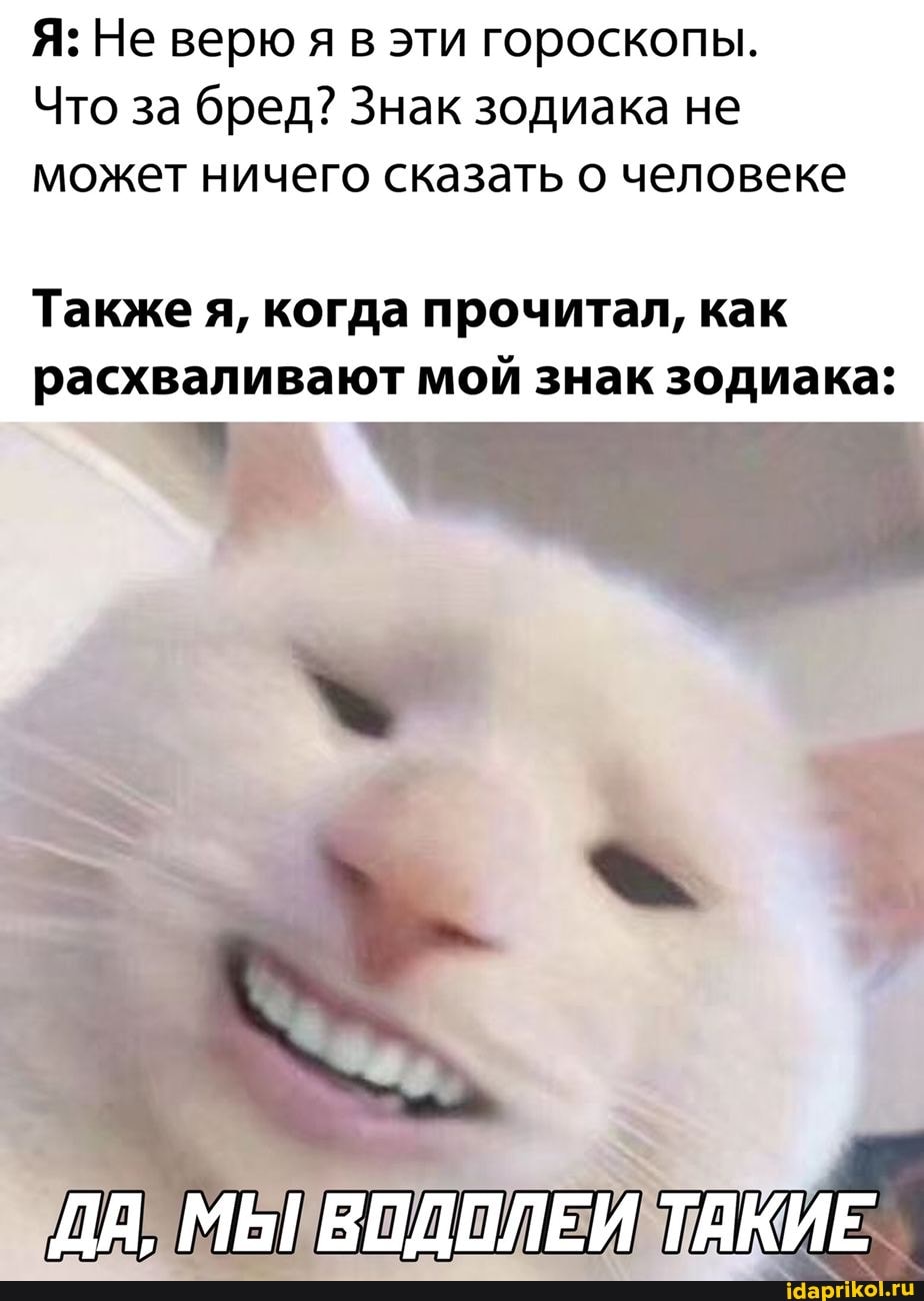 Я: Не верю я в эти гороскопы.
Что за бред? Знак зодиака не может ничего сказать о человеке
Также я, когда прочитал, как расхваливают мой знак зодиака:
ДА, МЫ ВОДОЛЕИ ТАКИЕ