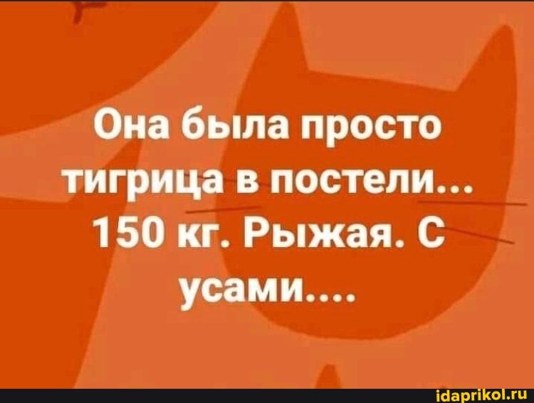 Она была просто тигрица в постели...
150 кг. Рыжая. С усами....