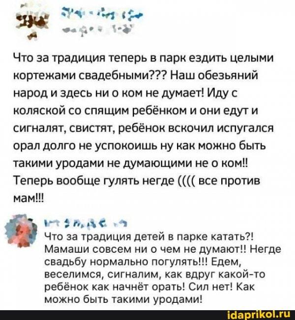 Что за традиция теперь в парк ездить целыми кортежами свадебными??? Наш обезьяний народ и здесь ни о ном не думает! Иду с коляской со спящим ребёнком и они едут и сигналят, свистят, ребёнок вскочил испугался орал долго не успокоишь ну как можно быть такими уродами не думающими не о ком!
Теперь вообще гулять негде все против мам!
Что за традиция детей в парке катать?!
Мамаши совсем ни о чем не думают!! Негде свадьбу нормально погулять!!! Едем, веселимся, сигналим, как вдруг какой-то ребёнок как начнёт орать! Сил нет! Как можно быть такими уродами!