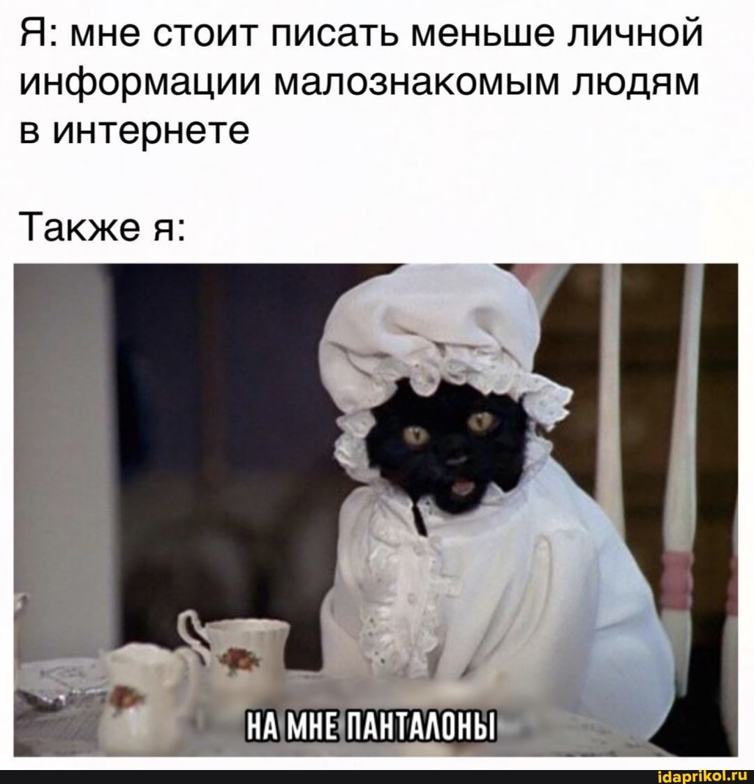 Я: мне стоит писать меньше личной информации малознакомым людям в интернете
Также я:
НА МНЕ ПАНТАЛОНЫ