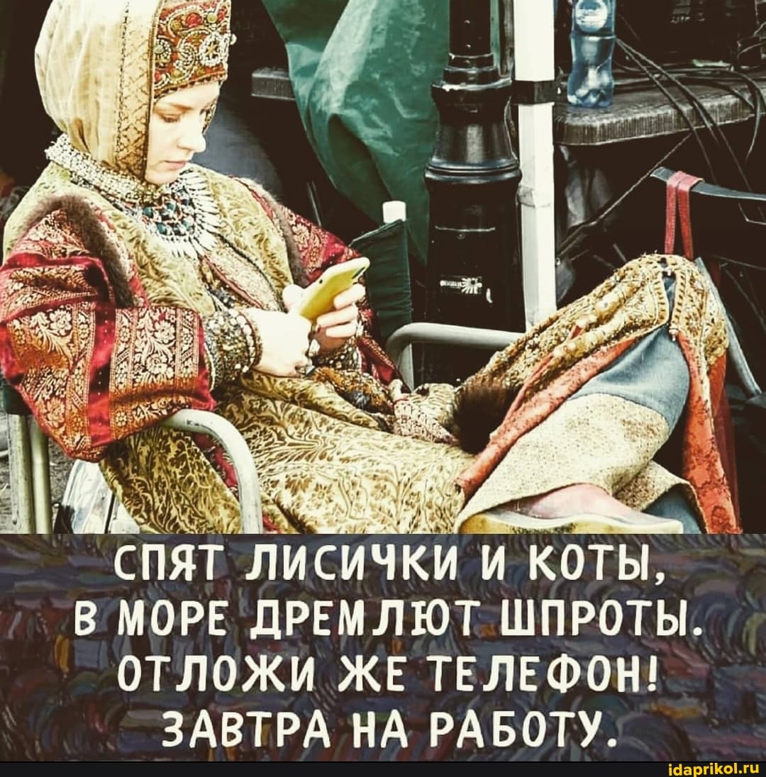 СПЯТ ЛИСИЧКИ И КОТЫ,
В МОРЕ ДРЕМЛЮТ ШПРОТЫ.
ОТЛОЖИ ЖЕ ТЕЛЕФОН!
ЗАВТРА НА РАБОТУ.