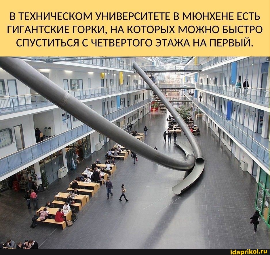 В ТЕХНИЧЕСКОМ УНИВЕРСИТЕТЕ В МЮНХЕНЕ ЕСТЬ ГИГАНТСКИЕ ГОРКИ, НА КОТОРЫХ МОЖНО БЫСТРО СПУСТИТЬСЯ С ЧЕТВЕРТОГО ЭТАЖА НА ПЕРВЫЙ.