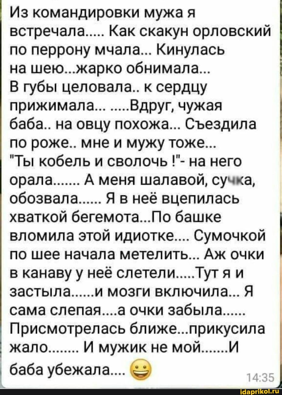 Из командировки мужа я встречала..... Как скакун орловский по перрону мчала... Кинулась
на шею... жарко обнимала...
В губы целовала.. к сердцу прижимала........ Вдруг, чужая баба.. на овцу похожа... Сездила по роже.. мне и мужу тоже...
"Ты кобель и сволочь на него орала....... А меня шалавой, сучка, обозвала...... Я в неё вцепилась хваткой бегемота...По башке вломила этой идиотке.... Сумочкой по шее начала метелить... Аж очки в канаву у неё слетели.....Тут я и застыла......и мозги включила... Я сама слепая....а очки забыла......
Присмотрелась ближе... прикусила жало........ И мужик не мой.......И
баба убежала...