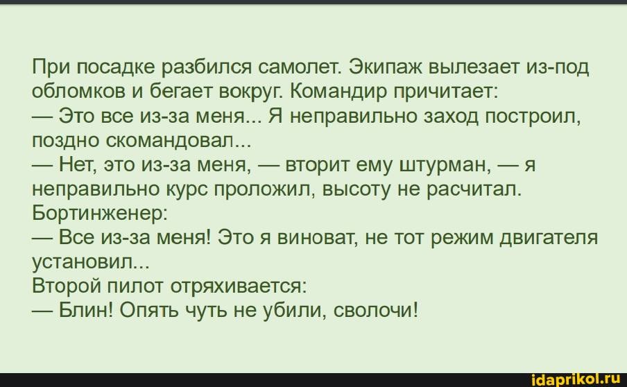 При посадке разбился самолет. Экипаж вылезает из-под обломков и бегает вокруг. Командир причитает:
- Это все из-за меня... Я неправильно заход построил, поздно скомандовал...
- Нет, это из-за меня, - вторит ему штурман, - я неправильно курс проложил, высоту не расчитал.
Бортинженер:
- Все из-за меня! Это я виноват, не тот режим двигателя установил...
Второй пилот отряхивается:
- Блин! Опять чуть не убили, сволочи!