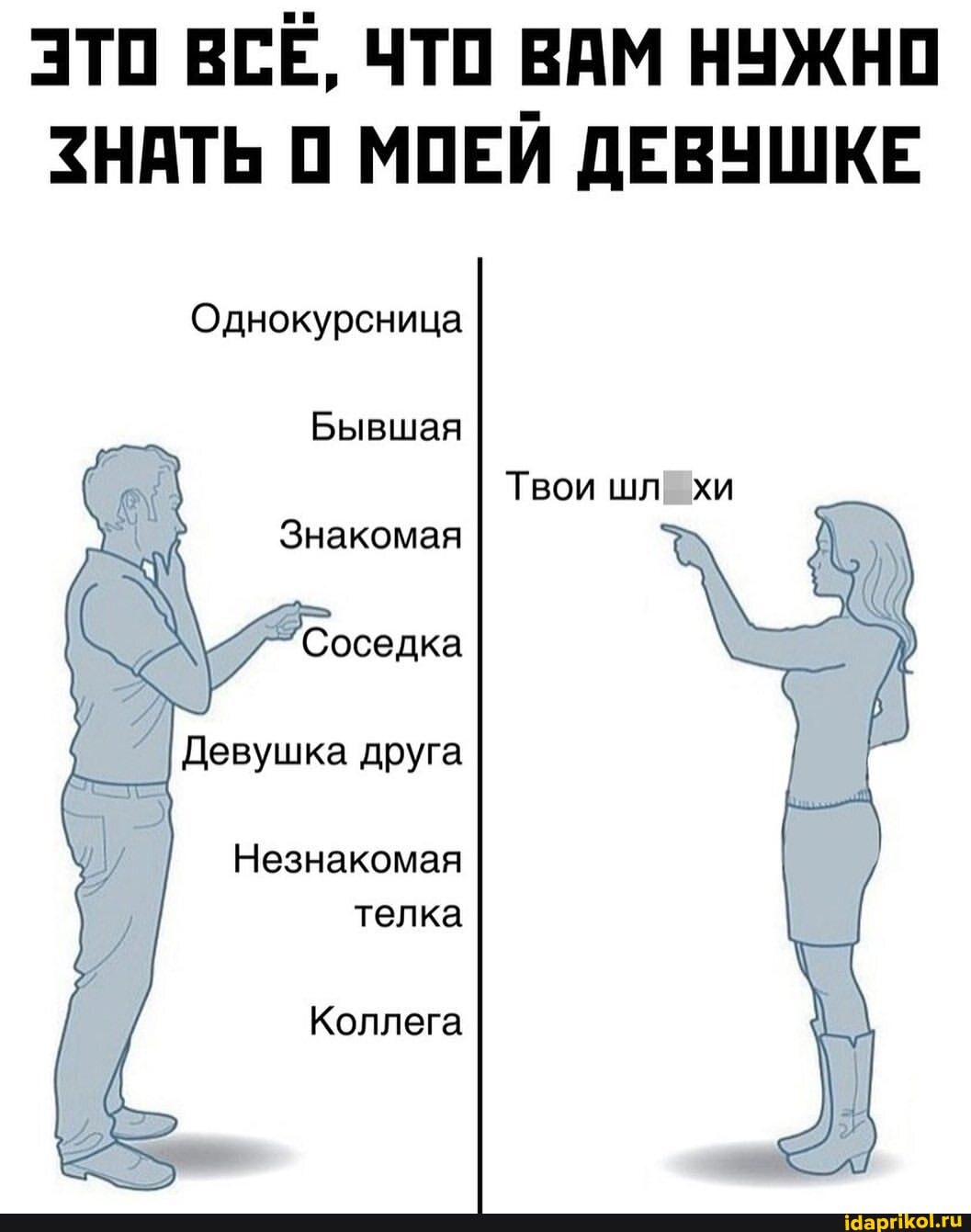 ЭТО ВСЁ, ЧТО ВАМ НУЖНО ЗНАТЬ 0 МОЕЙ ДЕВУШКЕ
Однокурсница
Бывшая
Твои шл хи
Знакомая
Соседка
Девушка друга
Незнакомая телка
Коллега