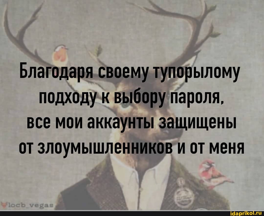 Благодаря своему тупорылому подходу к выбору пароля, все мои аккаунты защищены от злоумышленников и от меня