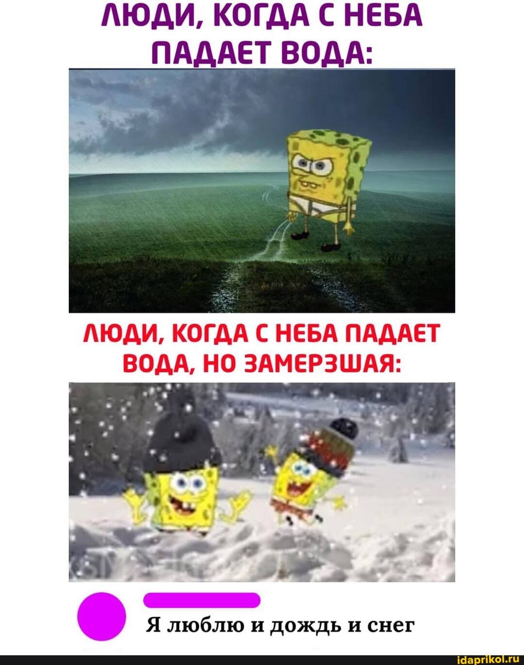 ЛЮДИ, КОГДА С НЕБА ПАДАЕТ ВОДА:
ЛЮДИ, КОГДА С НЕБА ПАДАЕТ ВОДА, НО ЗАМЕРЗШАЯ:
Я люблю и дождь и снег