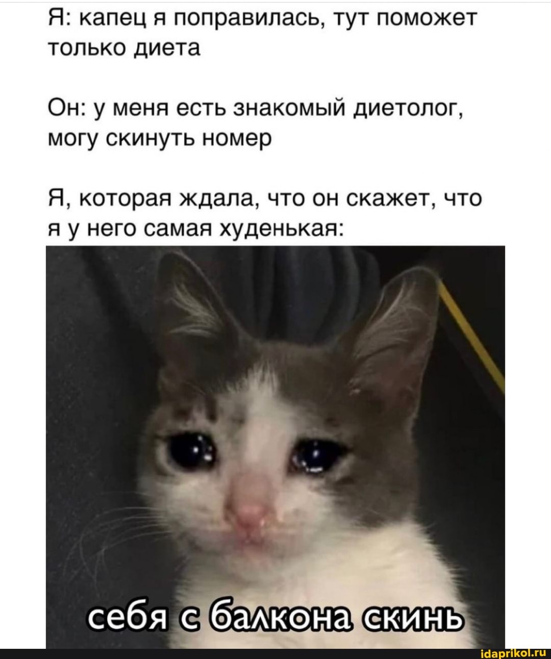 Я: капец я поправилась, тут поможет только диета
Он: у меня есть знакомый диетолог, могу скинуть номер
Я, которая ждала, что он скажет, что я него самая худенькая:
себя балкона скинь