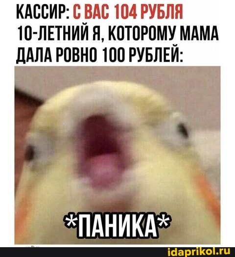 КАССИР: С ВАС 104 РУБЛЯ
10-ЛЕТНИИ Я, КОТОРОМУ МАМА ДАЛА РОВНО 100 РУБЛЕЙ:
ПАНИКА