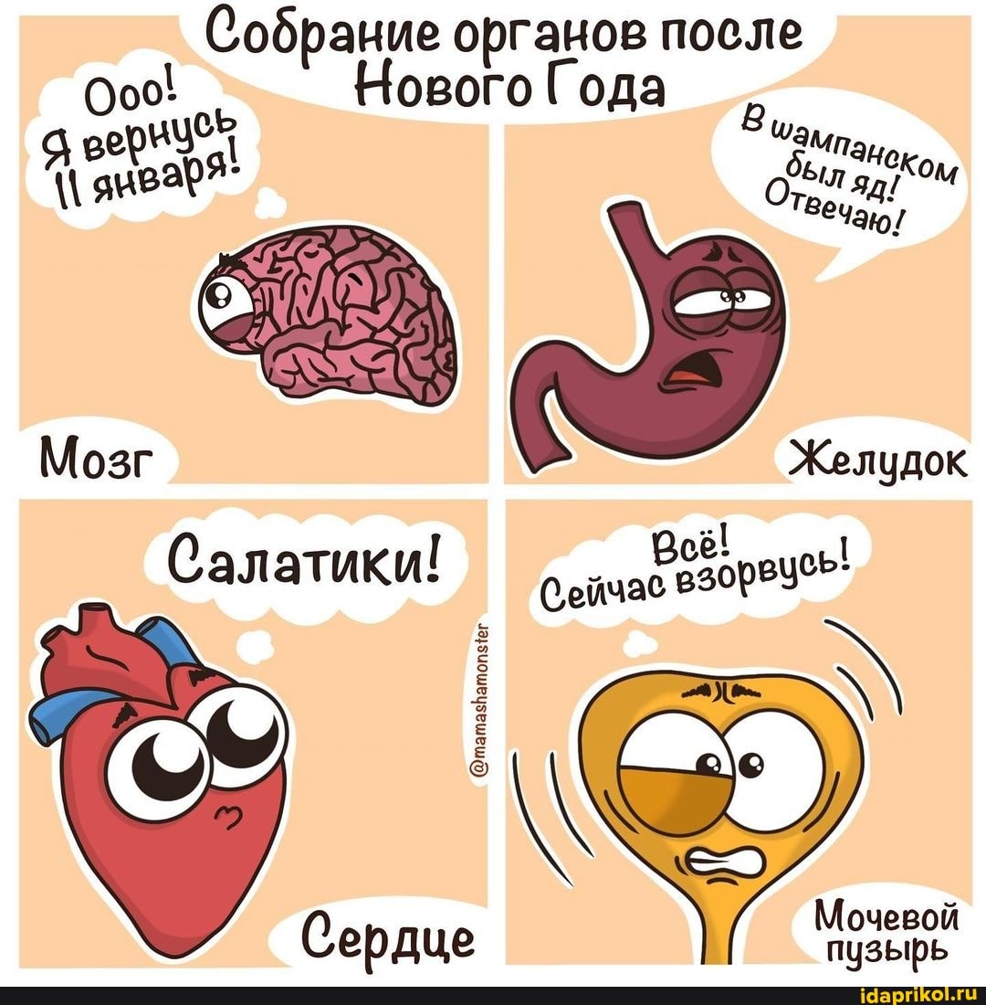 Собрание органов после
Нового Года
ком
Отвечай!
Мозг
Салатики! Сейчае рецеы!
Желудок
@татазватопзег
Мочевой пузырь
Сердце