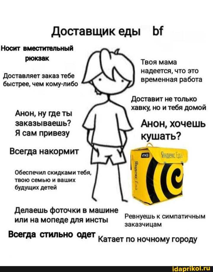 Доставщик еды Ы
Носит вместительный
рюкзак
нон
хавку, но и тебя домой
заказываешь? Анон, хочешь
Я сам привезу кушать?
Всегда накормит
дек
Обеспечил скидками тебя,
твою семью и ваших
будущих детей
Делаешь фоточки в машине
или на мопеде для инсты
Всегда стильно одет
Ревнуешь к симпатичным
заказчицам
Катает по ночному городу