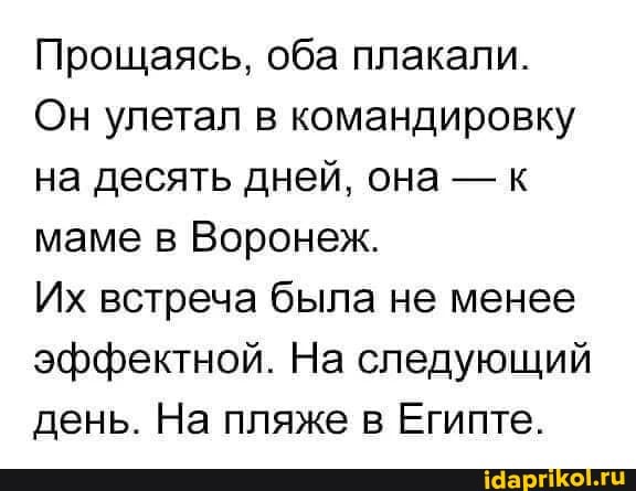Прощаясь, оба плакали.
Он улетал в командировку на десять дней, она - к маме в Воронеж.
Их встреча была не менее эффектной. На следующий день. На пляже в Египте.