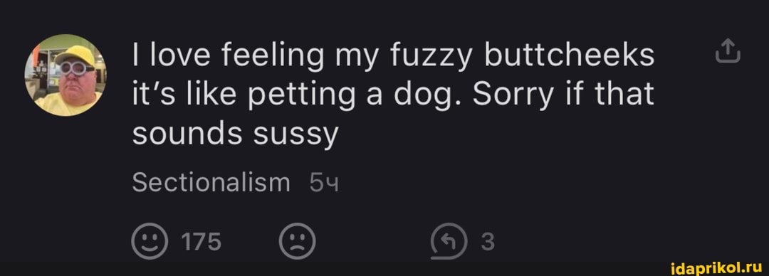 I love feeling my fuzzy buttcheeks it's like petting a dog. Sorry if that
sounds sussy
Sectionalism 54
175