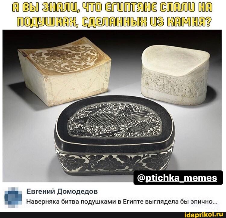 @ptichka_memes
= Евгений Домодедов
Наверняка битва подушками в Египте выглядела бы эпично..