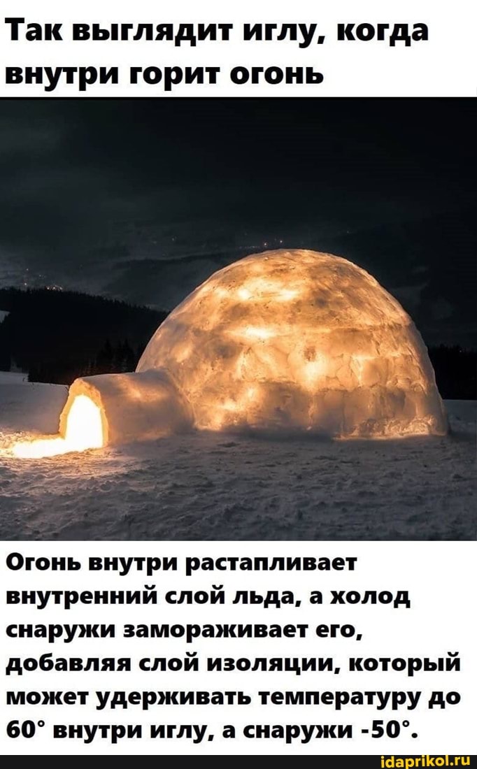 Так выглядит иглу, когда внутри горит огонь
Огонь внутри растапливает внутренний слой льда, а холод снаружи замораживает его, добавляя слой изоляции, который может удерживать температуру до внутри иглу, а снаружи