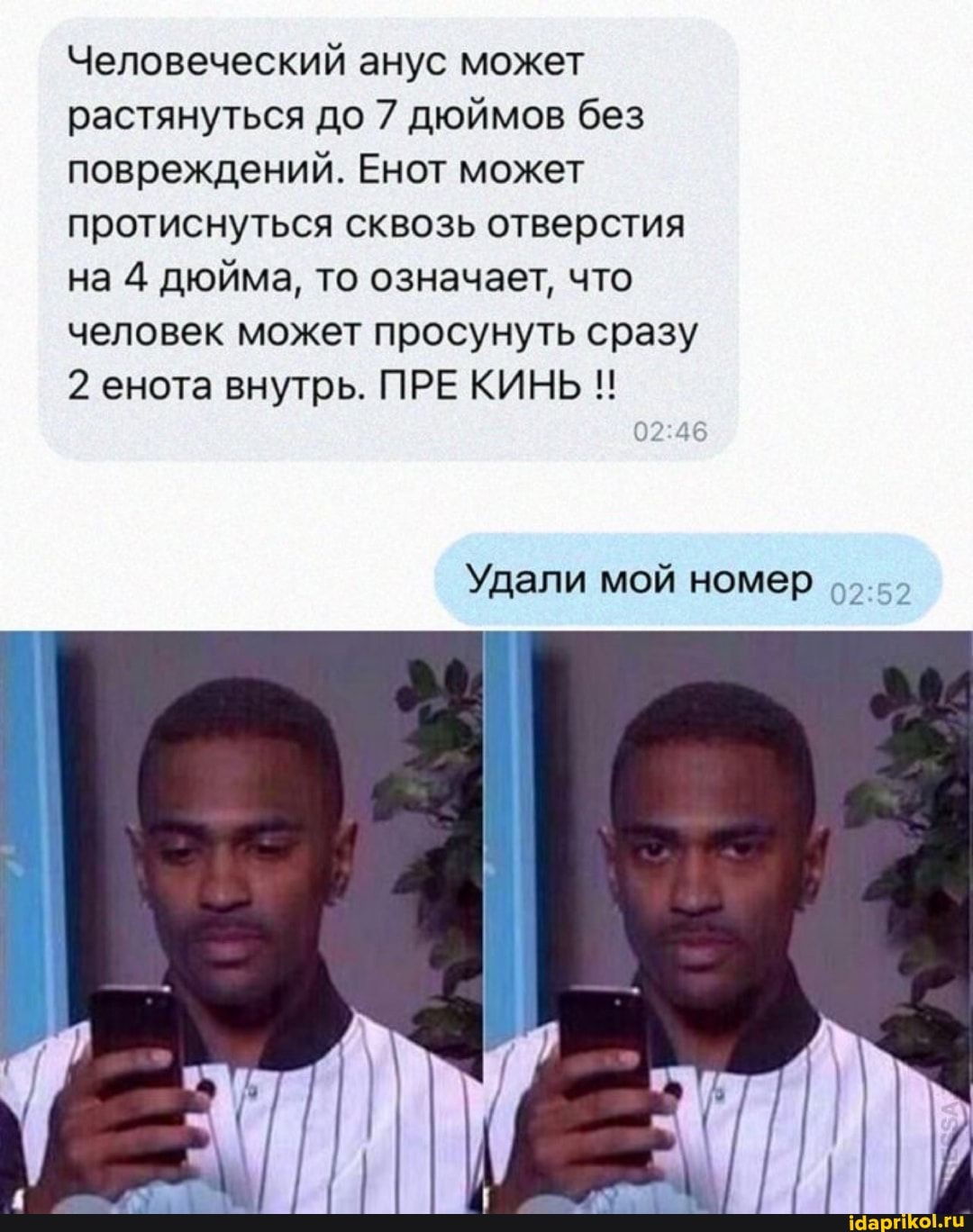 Человеческий анус может растянуться до 7 дюймов без повреждений. Енот может протиснуться сквозь отверстия на 4 дюйма, то означает, что человек может просунуть сразу
2 енота внутрь. ПРЕ КИНЬ
Удали мой номер