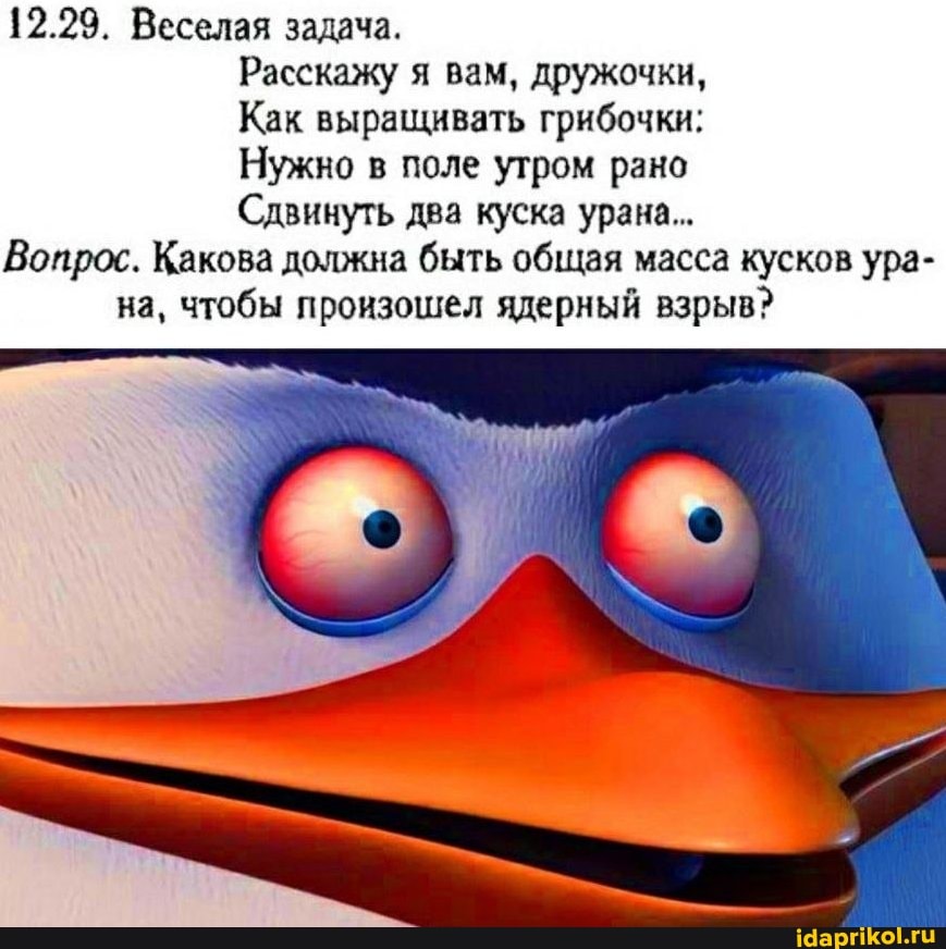 12.29. Веселая задача.
Расскажу я вам, дружочки,
Как выращивать грибочки:
Нужно в поле утром рано
Сдвинуть два куска урана...
Вопрос. Какова должна быть общая масса кусков ура- на, чтобы произошел ядерный взрыв?