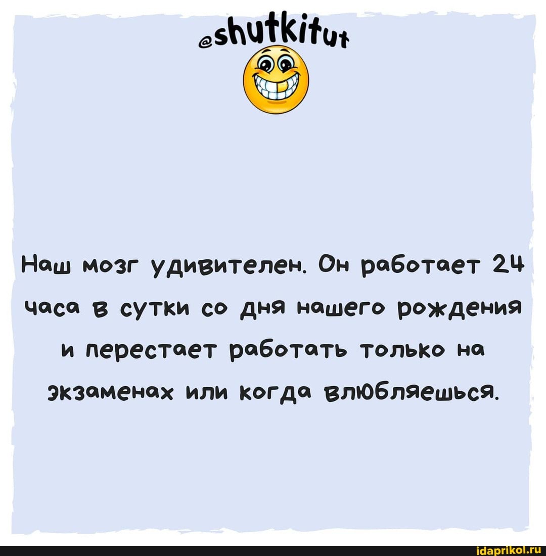 Наш мозг удивителен. Он работает 24 часа в сутки со дня нашего рождения и перестает работать только на
экзаменах или когда влюбляешься.