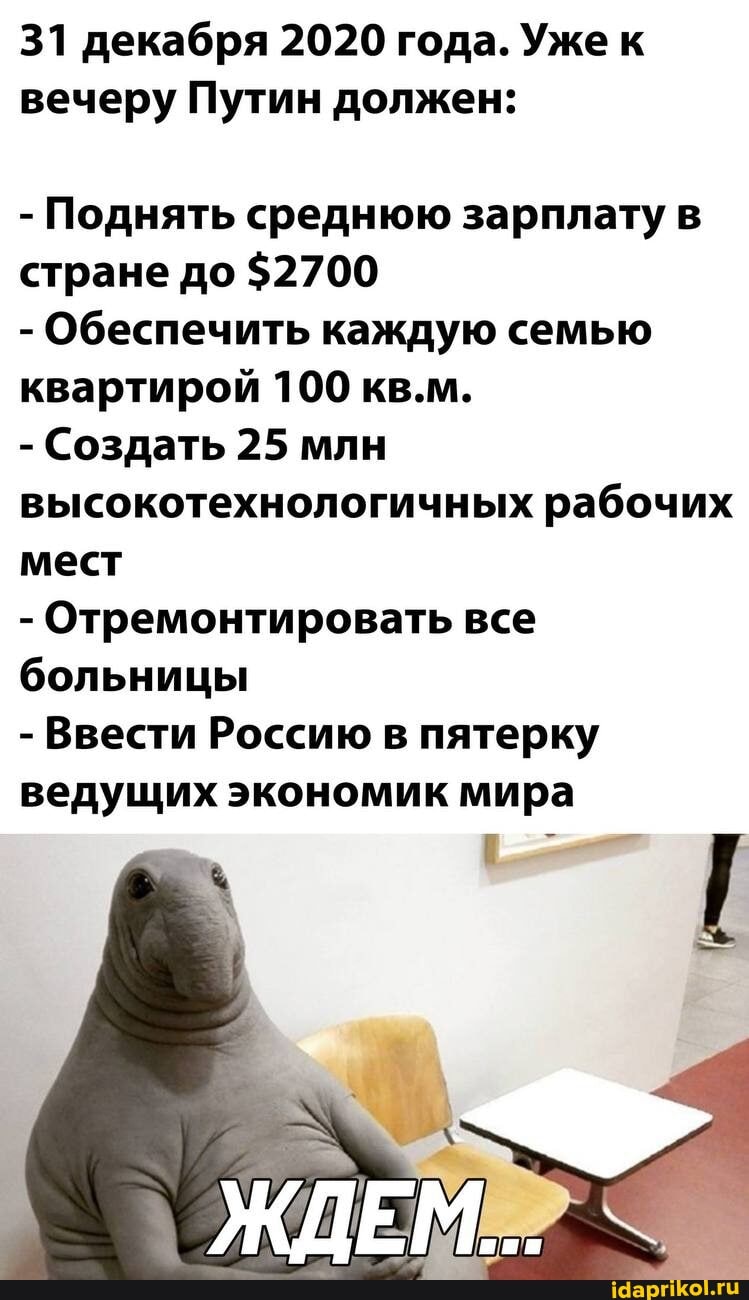 31 декабря 2020 года. Уже к вечеру Путин должен:
- Поднять среднюю зарплату в стране до $2700
- Обеспечить каждую семью квартирой 100 кв.м.
- Создать 25 млн высокотехнологичных рабочих мест
- Отремонтировать все больницы
- Ввести Россию в пятерку ведущих экономик мира