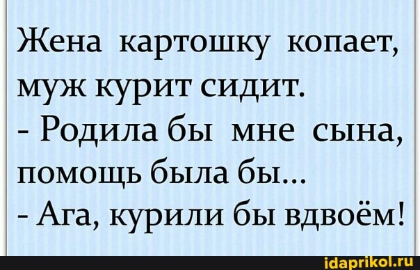 Жена картошку копает, муж курит сидит.
- Родила бы мне сына, помощь была бы...
- Ага, курили бы вдвоём!