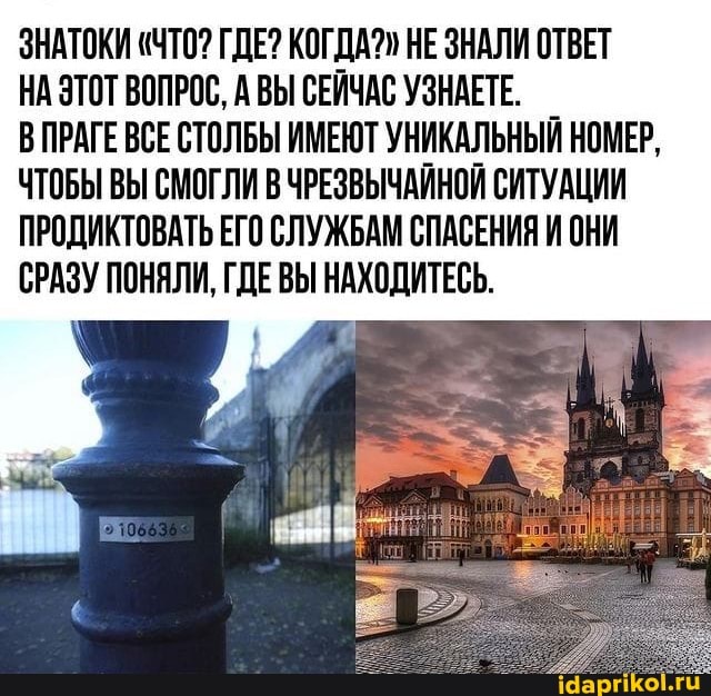 ЗНАТОКИ "ЧТО? ГДЕ? КОГДА?" НЕ ЗНАЛИ ОТВЕТ
НА ЭТОТ ВОПРОС, А ВЫ СЕЙЧАС УЗНАЕТЕ.
ПРАГЕ ВСЕ СТОЛБЫ ИМЕЮТ УНИКАЛЬНЫЙ НОМЕР,
ЧТОБЫ ВЫ СМОГЛИ В ЧРЕЗВЫЧАЙНОЙ СИТУАЦИИ ПРОДИКТОВАТЬ ЕГО СЛУЖБАМ СПАСЕНИЯ И ОНИ СРАЗУ ПОНЯЛИ, ГДЕ ВЫ НАХОДИТЕСЬ.