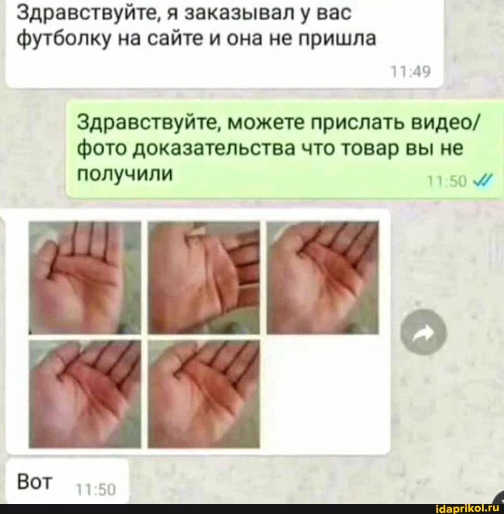 Здравствуйте, я заказывал у вас футболку на сайте и она не пришла
Здравствуйте, можете прислать видео/ фото доказательства что товар вы не получили
Вот
