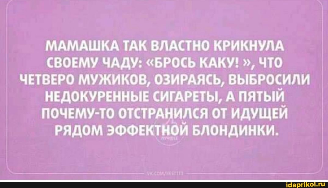 МАМАШКА ТАК ВЛАСТНО КРИКНУЛА СВОЕМУ ЧАДУ: "БРОСЬ КАКУ! ЧТО ЧЕТВЕРО МУЖИКОВ, ОЗИРАЯСЬ, ВЫБРОСИЛИ НЕДОКУРЕННЫЕ СИГАРЕТЫ, А ПЯТЫЙ ПОЧЕМУ-ТО ОТСТРАНИЛСЯ ОТ ИДУЩЕЙ I РЯДОМ ЭФФЕКТНОЙ БЛОНДИНКИ.