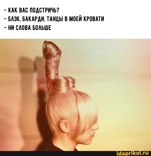 - КАК ВАС ПОДСТРИЧЬ?
БАЗК, БАКАРДИ, ТАНЦЫ В МОЕЙ КРОВАТИ
НИ СЛОВА БОЛЬШЕ