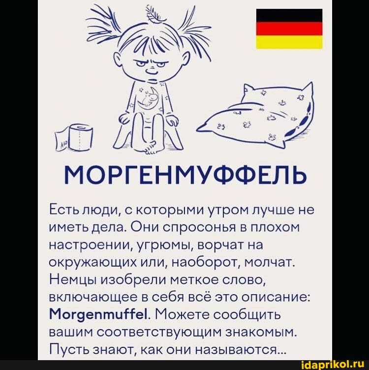 МОРГЕНМУФФЕЛЬ
Есть люди, с которыми утром лучше не иметь дела. Они спросонья в плохом настроении, угрюмы, ворчат на окружающих или, наоборот, молчат.
Немцы изобрели меткое слово, включающее в себя всё это описание:
Могдептие!. Можете сообщить вашим соответствующим знакомым.
Пусть знают, как они называются...