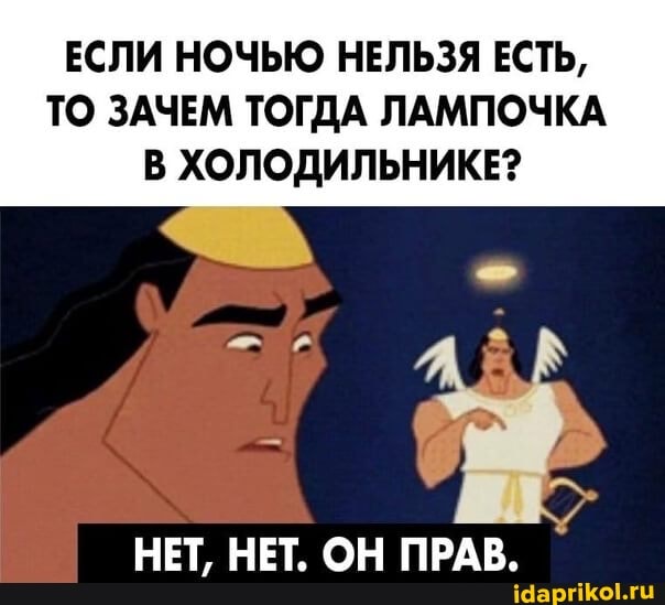 ЕСЛИ НОЧЬЮ НЕЛЬЗЯ ЕСТЬ,
ТО ЗАЧЕМ ТОГДА ЛАМПОЧКА В ХОЛОДИЛЬНИКЕ?
НЕТ, НЕТ. ОН ПРАВ.