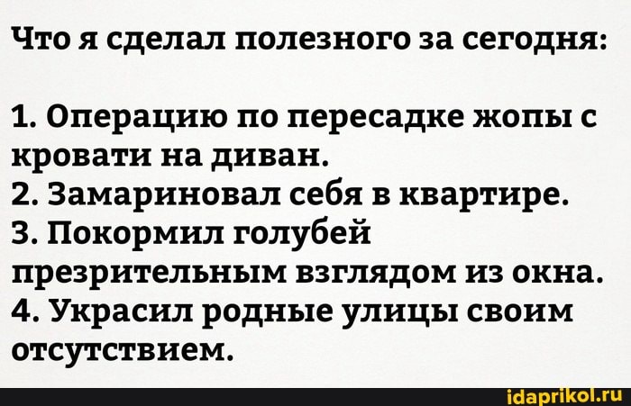 Что я сделал полезного за сегодня:
1. Операцию по пересадке жопы с кровати на диван.
2. Замариновал себя в квартире.
3. Покормил голубей презрительным взглядом из окна.
4. Украсил родные улицы своим отсутствием.