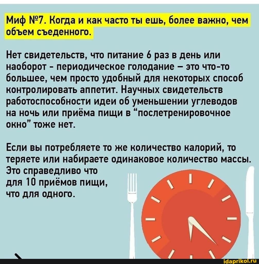 Миф Когда и как часто ты ешь, более важно, чем обем седенного.
Нет свидетельств, что питание 6 раз в день или наоборот - периодическое голодание это что-то большее, чем просто удобный для некоторых способ контролировать аппетит. Научных свидетельств работоспособности идеи об уменьшении углеводов на ночь или приёма пищи в "послетренировочное окно" тоже нет.
Если вы потребляете то же количество калорий, то теряете или набираете одинаковое количество массы.
Это справедливо что для 10 приёмов пищи, что для одного.